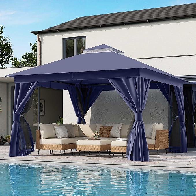 LAUSAINT HOME Semi-Permanent Outdoor Patio Gazebo 12'x12', Heavy Duty Party Tent Shelter with Double Roofs, Mosquito Nettings and Privacy Screens for Backyard, Garden, Lawn, Navy Blue