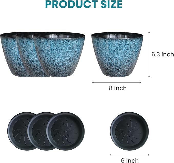 8 inch Plant Pots, Pack of 4 Plastic Planter for Indoor Outdoor Plant with Drainage Holes and Saucers, Flower Pots for Garden Home Decor (Blue, 4pcs)
