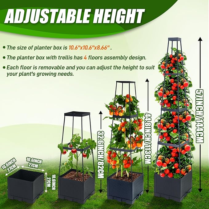 2 Packs Raised Garden Bed Tomato Planter Box with Trellis,56.8" Self-Watering Tomato Cage with Trapezoidal Trellis for Climbing Plants Flowers Vegetables Vine in Patio Garden Indoor Outdoor