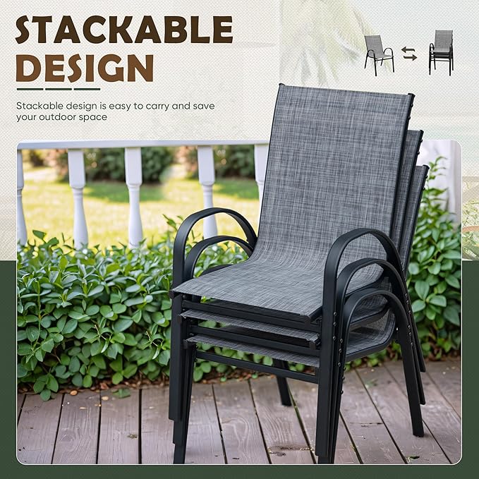 Flamaker Patio Chairs Stackable Dining Chairs Set of 4 Metal and Teslin Outdoor Chairs for Lawn Deck Balcony Porch (Grey)
