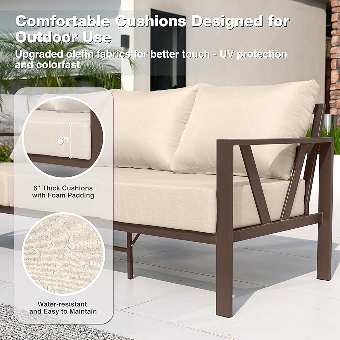Outdoor Patio Furniture Set, 4 Pieces Metal Patio Furniture Set with Coffee Table, Modern Outdoor Patio Conversation Seating Set with 6” Thick Cushions, Upgrade Beige