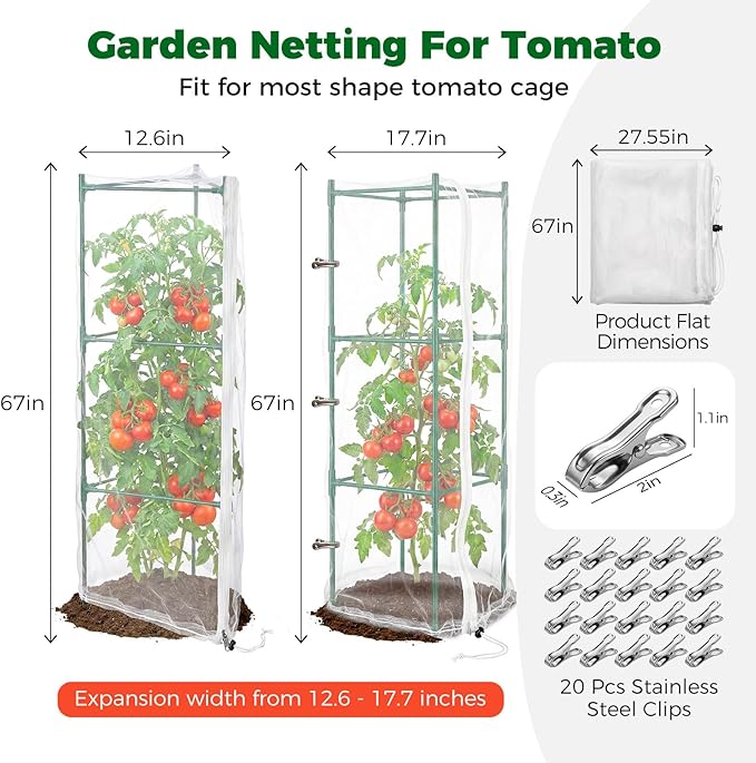 3Pcs Garden Bird Netting Plant Cover for Tomato Cage, 67" x 17.7" Insect Bird Barrier Tomato Cage Net with Zipper, Tomato Trellis Plant Netting Cover for Square Tomatoes Cages Plants Garden Protection