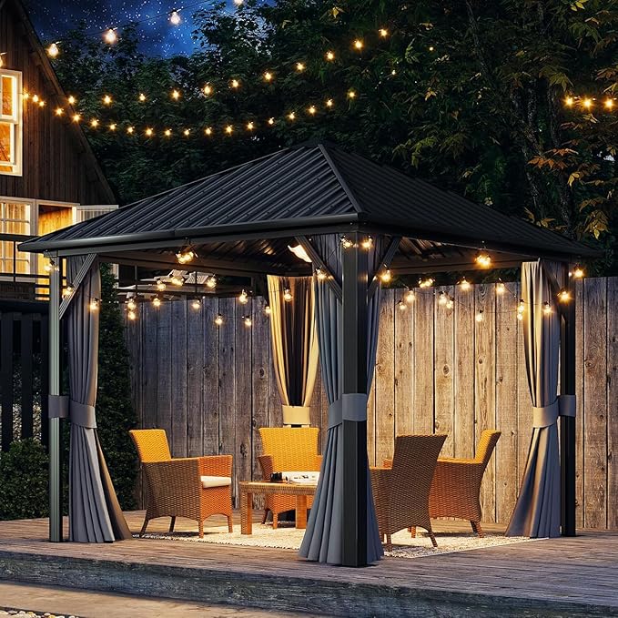 Aoxun Hardtop Gazebo 10x10, Aluminum Frame Canopy with Galvanized Steel Roof, Outdoor Gazebo with Breathable Netting and Privacy Curtain for Backyard
