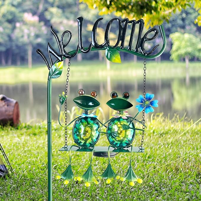 HONGLAND Solar Lights Outdoor Waterproof, Frog Swing Garden Decor, Frog Decorative Stake with Welcome Sign Landscape Patio Yard Gifts for Women Mom (48 inch)