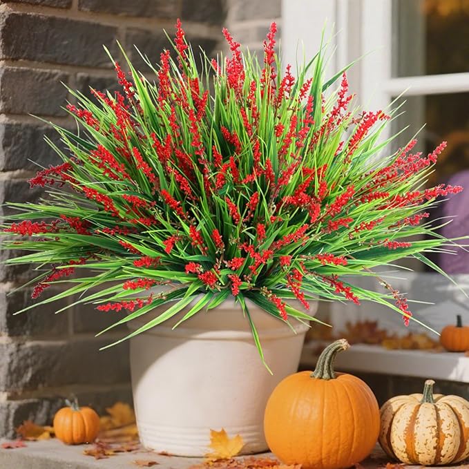 HyeFlora Artificial Fake Flowers Outdoor Plants for Summer Decoration,10 Bundles Faux Plastic Tall Monkey Grass Greenery UV Resistant Realistic Lavender for Home Planter Window Porch Garden-Red
