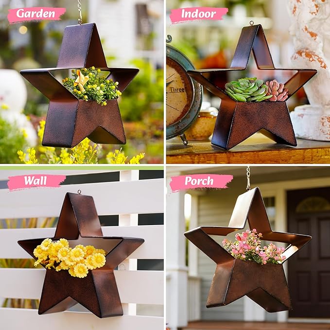Metal Plant Hangers Indoor and Outdoor for Mom Women Her Wife Garden Lovers Birthday - Star Shape Hanging Planters for Window Wall Living Room Office Decor(Rustic)