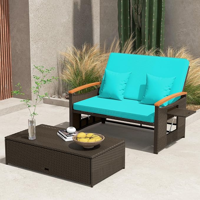 Tangkula Patio Rattan Daybed with 4-Level Adjustable Backrest, Outdoor Wicker Loveseat with Acacia Wood Armrest, Storage Ottoman & Folding Tray, Double Sunbed for Balcony, Yard & Poolside (Turquoise)