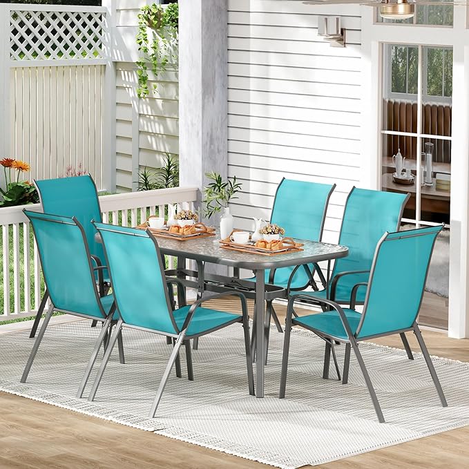 TLSUNNY 7 Pieces Patio Dining Set, Outdoor Table and Chairs W/1.69″ Umbrella Hole, 30"X 55" Table and Stackable Textilene Chair, All Weather Patio Furniture Set (Umbrella not Included)