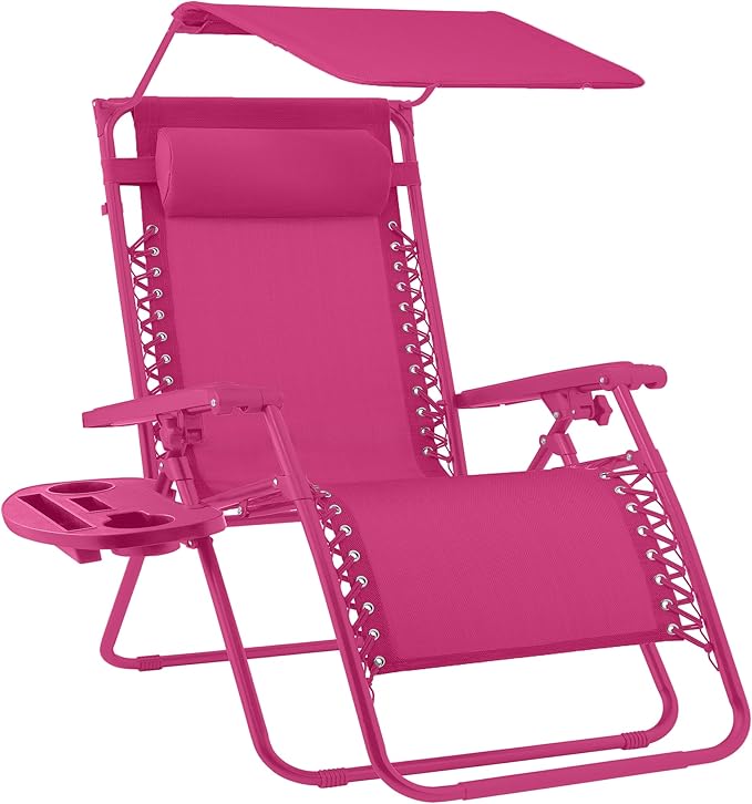 Best Choice Products Folding Zero Gravity Outdoor Recliner Patio Lounge Chair w/Adjustable Canopy Shade, Headrest, Side Accessory Tray, Textilene Mesh - Hot Pink