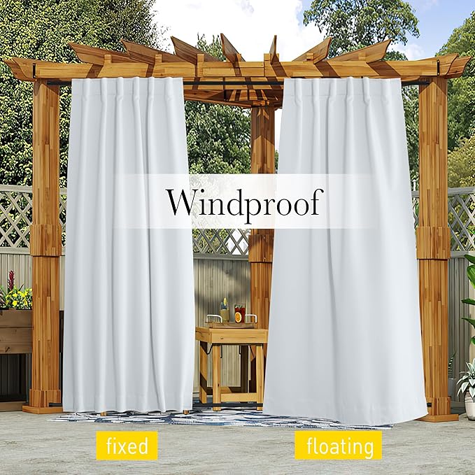NICETOWN Blackout Outdoor Curtains for Patio Windproof 2 Panels Top & Bottom Pocket & Back Tab, Thermal Fixed Waterproof Safe Drapes Keep Privacy for Yard/Porch, Greyish White, W52 x L84