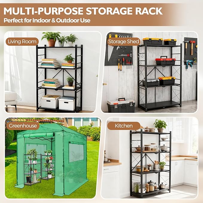 EAGLE PEAK 4-Tier Foldable Greenhouse Shelf, Heavy Duty Metal Storage Rack, No Assembly Steel Shelving Unit, Plant Stand for Greenhouse and Multi-Use Storage, 28”x14.6”x44.7”, 520 lbs, 1 Pack, Black