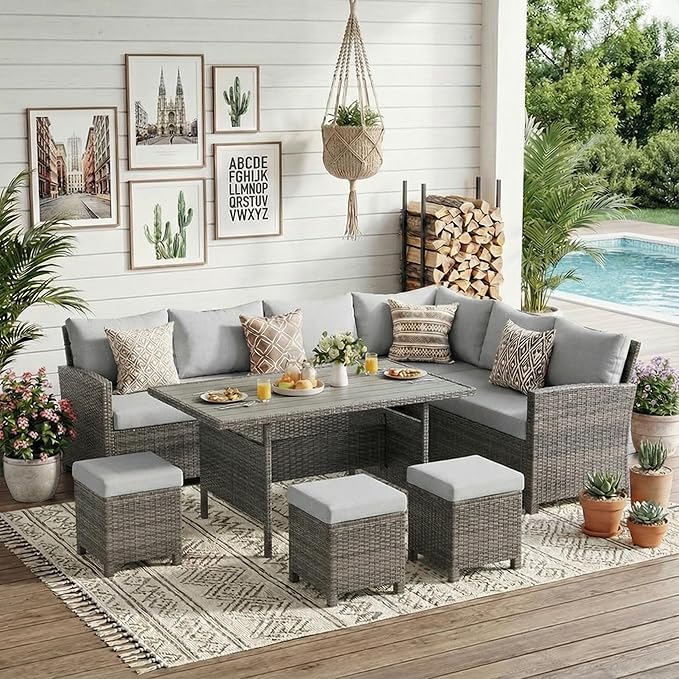 Wisteria Lane 7 Piece Patio Furniture Set, High Curved Back Wicker Patio Sectional, All Weather Outdoor Dining Set, Outdoor Furniture Patio Conversation Set with Ottoman, Grey