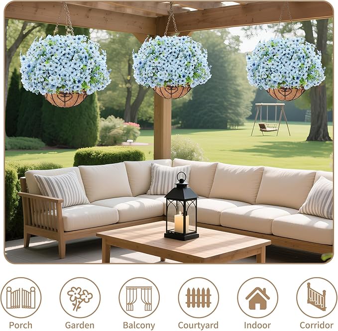 Artificial Hanging Flower for Outdoors, Fake Hanging Basket for Outside,1 Hanging Basket with 13 Pcs Faux Silk Flowers for Porch, Balcony and Patio Decor(Blue)