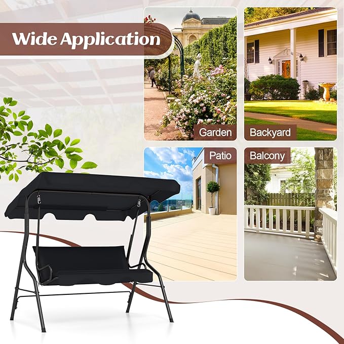 Tangkula 3 Person Porch Swing, Patio Swing with Removable Cushion & Powder-Coated Steel Frame, Outdoor Swing with Canopy for Porch, Backyard, Garden, Balcony (Black)