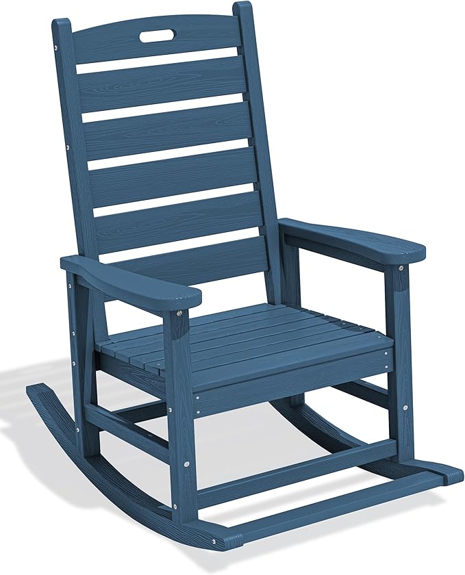SERWALL Oversized Outdoor Rocking Chair, HDPE Patio Rocking Chair with Footrest for Adults, All Weather Porch Rocker for Deck Patio Balcony, Navy