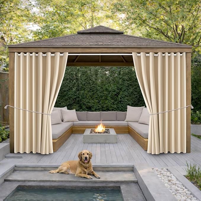 Waterproof Outdoor Curtain W105 x L108 - Grommet Top Sunlight Blocking Window Treatment Drapes Blackout Curtains for Home Bedroom Living Room Outdoor Patio Porch Pergola Cabana Gazebo, 2 Panels