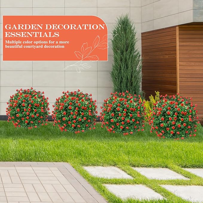 Artificial Topiary Bushes for Outdoors with Spike, Boxwood Ball Fake Shrubs UV Resistant Faux Plants for Indoor Outdoor Fall Thanksgiving Halloween Decor (Artificial Boxwood Ball Bush-Red)