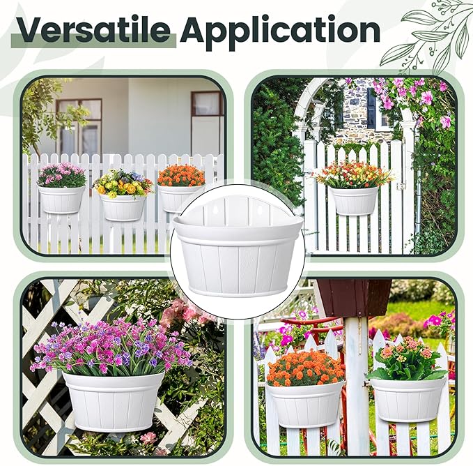 Layhit 6 Pcs Wall Hanging Planters Outdoor Pot Planter Wine Barrel Planter Distressed Oak Thickened Plastic Water Storage Flower Pots for Flower Indoor Outdoor(12 Inches,White)