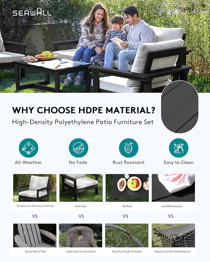 SERWALL HDPE Patio Conversation Set, 6-piece Sectional Outdoor Furniture Set, All Weather Outdoor Couch Set Patio Furniture Set for Deck, Lawn, Black Frame with Khaki Cushion