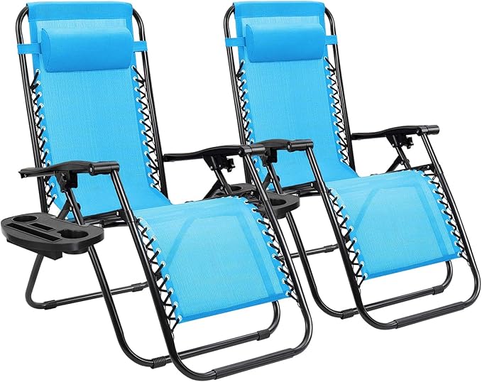 Homall Zero Gravity Chair Adjustable Folding Lawn Lounge Chairs Outdoor Lounge Gravity Chair Camp Reclining Chair with Pillows for Poolside Backyard and Beach Set of 2 (Sky Blue)