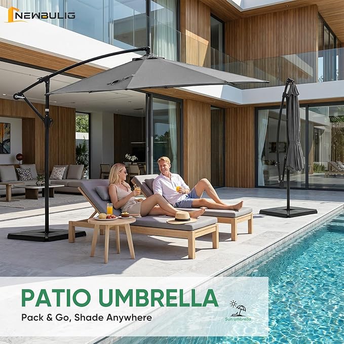 NEWBULIG 10FT Patio Umbrella, Offset Cantilever Outdoor Patio Table Umbrella, UV Protection, Fade Resistant Fabric, Easy Tilt Adjustment for Pool, Deck, Garden, Backyard