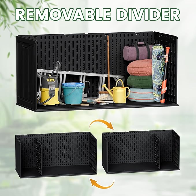 Devoko 260 Gallon Double-Wall Deck Box with Divider, Side Handles, Resin Outdoor Large Storage Box Waterproof and Lockable for Patio Furniture, Garden, Pool (Black, 260 Gallon)