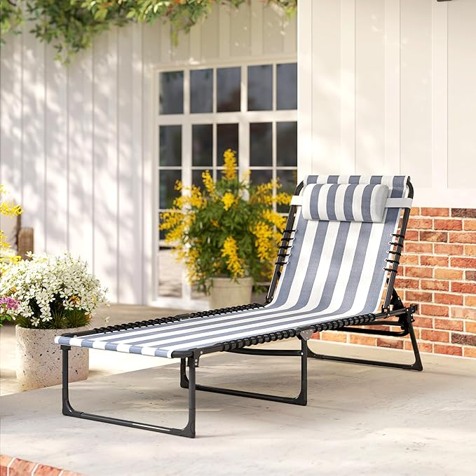 Outsunny Folding Chaise Lounge Chair, Patio Sun Tanning Chair, Outdoor Chaise Lounger with 4-Position Reclining Back, Breathable Mesh Seat for Beach, Poolside, Yard, Blue and White
