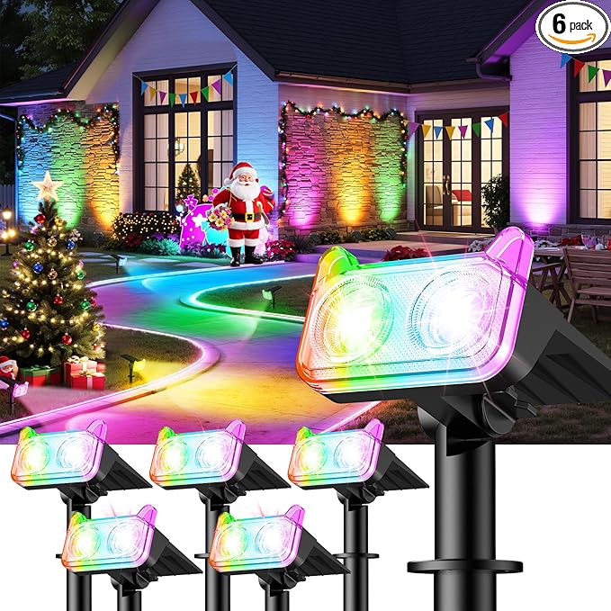 LETMY Solar Spot Lights Outdoor Waterproof with Bigger LED, 6 Pack 135°Adjustable Solar Lights Outdoor, 2-in-1 Wall Lights & 2 Modes Landscape Spotlights for Tree Yard Pathway Garden Decor(RGB Light)