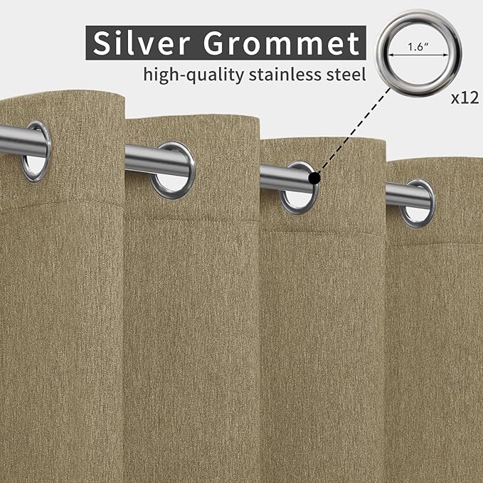 Easy-Going Linen Look Outdoor Curtains Waterproof Windproof Porch Curtains, Soft Thicken Outdoor Privacy Curtains for Patio, Gazebo, Grommet Top and Tab Bottom Drape, 1 Panel, 110x84 inch, Khaki