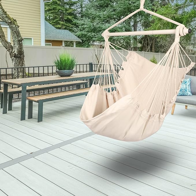 Highwild Hammock Chair Hanging Rope Swing - Max 500 Lbs - Steel Spreader Bar with Anti-Slip Rings - for Any Indoor or Outdoor Spaces (Beige)