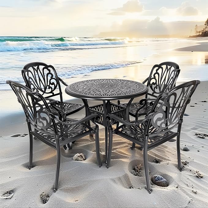 35" Outdoor Dining Table, Cast Aluminum Patio Bistro Table with 2.44" Umbrella Hole, Patio Furniture for Backyard Garden, Black