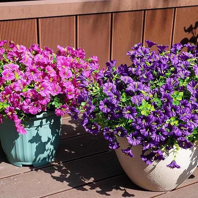 Artificial Flowers for Outdoors, UV Resistant Fake Silk Morning Glory, Realistic Faux Plants for Outside Porch Patio Window Box Hanging Planter (12, Purple Fuchsia)