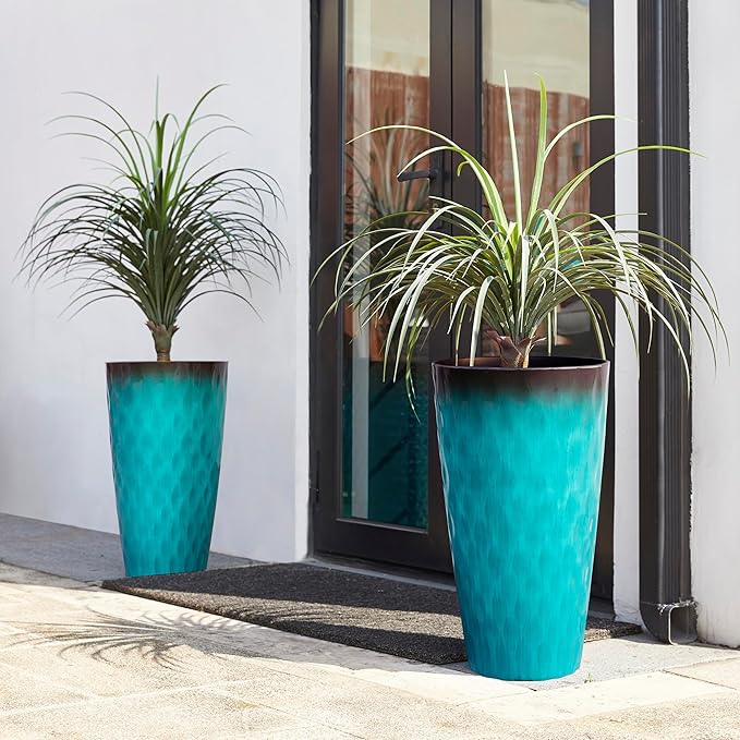 Glitzhome 23.75" H Oversized Tall Planter, Set of 2 Wavy Texture Turquoise Large Planters for Outdoor Plants, with Drainage Hole, Plastic Large Flower Pots for Porch,Garden, Patio or Indoor Use