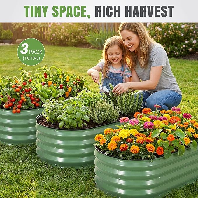 INNO STAGE 3Pcs Galvanized Raised Garden Bed Kit, Outdoor Metal Raised Garden Beds for Vegetables, Rust-Resistant & Easy Assembly, 4x2x1ft Oval Raised beds for Gardening, Flowers, Herbs (Olivergreen)