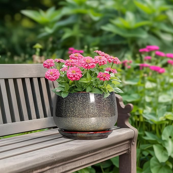 G EPGardening 7 Inch Ceramic Pots for Plants - Ceramic Planters for Indoor Outdoor Plants, Round Plant Pots with Drainage and Saucer, Modern Planter, House Decor, Plant Lover Gifts, Speckled Brown