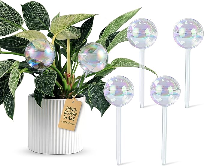 Extra-Thick Clear Glass Plant Watering Globes, Rainbow Gradient Self Watering Globes, Automatic Plant Waterer, Self Watering Planter Insert Spikes Devices for Everyday or Vacation Use, 6-Pack