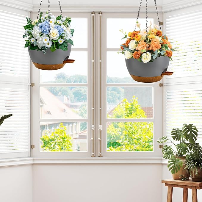 12 inch Hanging Planters for Indoor Plants, 2 Pack Self-Watering Hanging Planter Pots with Chain and Drainage Holes, Outdoor Plastic Hanging Baskets for Garden Home Decor
