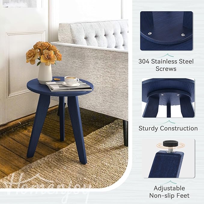 HDPS Outdoor Side Table, Small Round Side Table Weather-Resistant, Outdoor Side Tables for Patio, Porch, Deck, End Table for Plant Stand, Living Room, Bedroom, Navy
