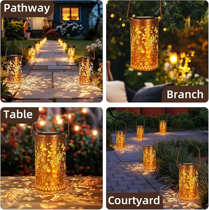 Solar Lanterns Outdoor Hanging Lantern Lights,Fairy Metal Decor Lanterns-Waterproof LED Decorative Light for Garden Patio Yard Lawn Backyard Front Porch as Gifts for Mom Grandma Women