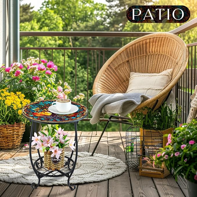 Outdoor Side Table Round Small Mosaic Patio Accent Indoor End Plant Coffee Tea Table for Yard Patio Porch Garden Living Room, Bedroom(Tree of Life Style,18 Inch)