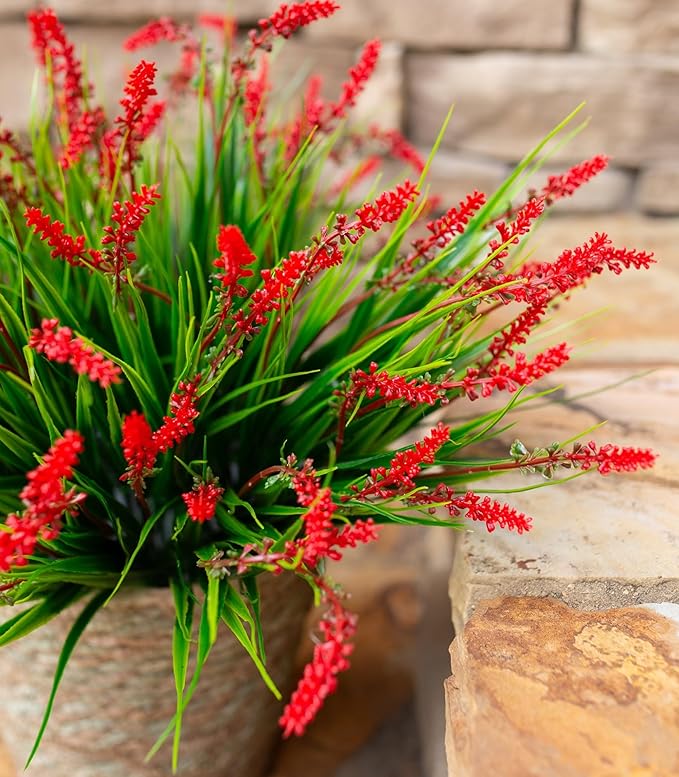 HyeFlora Artificial Fake Flowers Outdoor Plants for Summer Decoration,10 Bundles Faux Plastic Tall Monkey Grass Greenery UV Resistant Realistic Lavender for Home Planter Window Porch Garden-Red