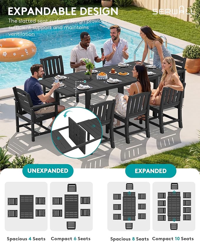 SERWALL 7-Piece Outdoor Dining Set, 60" - 83" Expandable Outdoor Dining Table and 6 HDPE Chairs, All Weather HDPE Outdoor Furniture Set for Backyard, Garden, Black