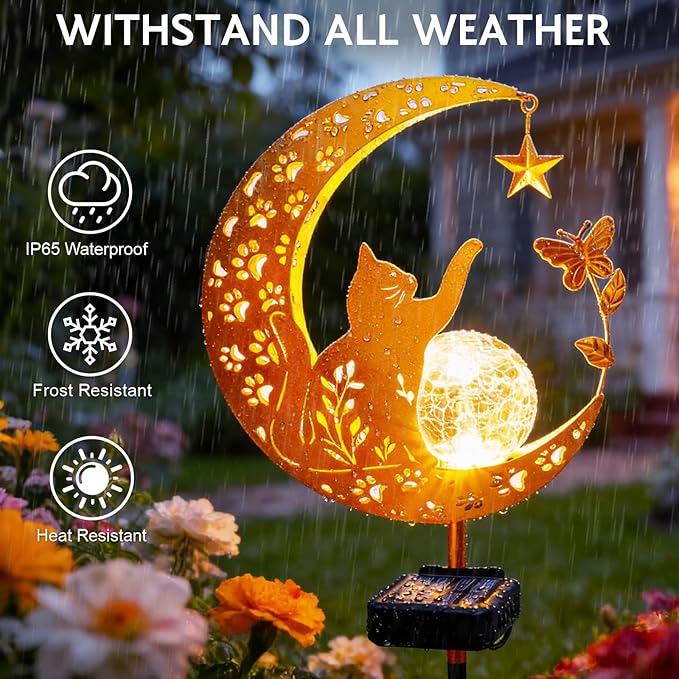 ZNYCYE Solar Lights Outdoor Decorative Moon Cat Butterfly Solar Stake Lights Birthday Gifts for Women mom Grandma, Garden Decor Waterproof for Walkway, Yard, Lawn, Patio (Warm White)