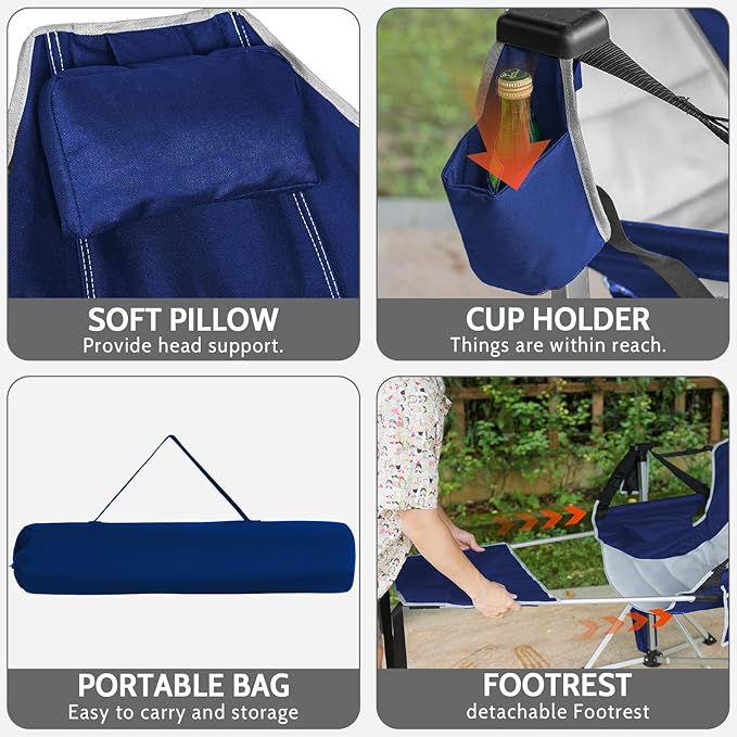 Romswi 2-Pack Aluminum Hammock Chair with Footrest, Oversized Portable Folding Swinging Chair with Adjustable Back & Seat, Lightweight Rocking Camp Chair Supports 440lbs for Outdoor, Patio - Blue
