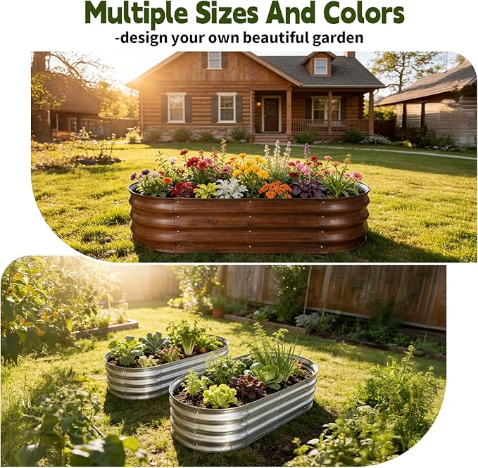 Galvanized Raised Garden Bed Outdoor, Large Raised Bed for Gardening, 4x2x1ft Oval Metal Planter Box for Vegetables, Fruits, Flowers, Dark Brown Wood Grain