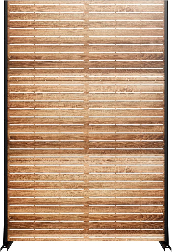 Casaphoria Metal Privacy Screen Outdoor, 72" H x 47" W Freestanding Decorative Privacy Screen for Patio Deck Balcony Garden with Stable Base,Wood Color