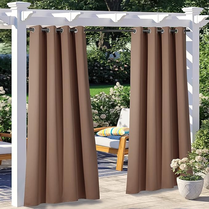 NICETOWN 2 Panels Outdoor Curtain Panels for Patio Waterproof, Stainless Steel Silver Grommet Thermal Insulated Blackout Thermal Insulated Outdoor Drapes for Patio/Front Porch, W52 x L108, Tan