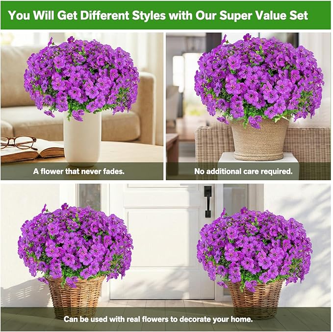 Artificial Flowers for Outdoor Indoor,Silk Flowers No Fade Fake Plastic Flowers Faux Plants for Outdoors Outside Front Porch Hanging Planter Window Box Garden Home Decoration,13 Pack(Purple)