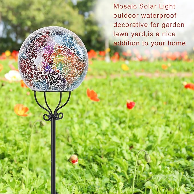 VCUTEKA Solar Outdoor Lights Garden Decor Mosaic Solar Garden Lights Waterproof Glass Ball LED Pathway Stake Light for Landscape Lawn Patio Yard Decoration 6 inch, Purple