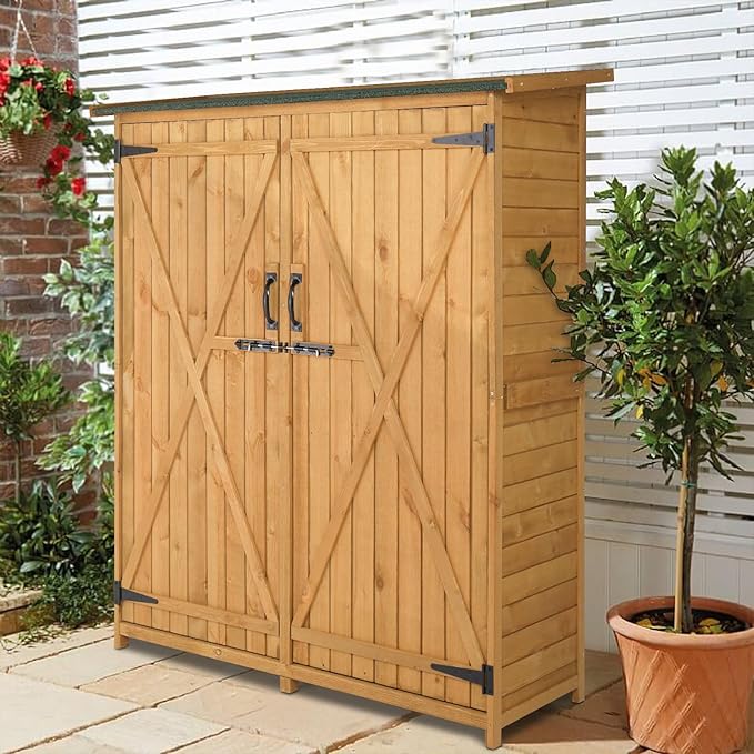 Outvita Outdoor Storage Cabinet with Waterproof Roof, Double Lockable Doors Garden Shed with 2 Removable Shelves, Wooden Storage Shed with Large Storage Space for Yard Garge Patio Deck Porch（Natural）